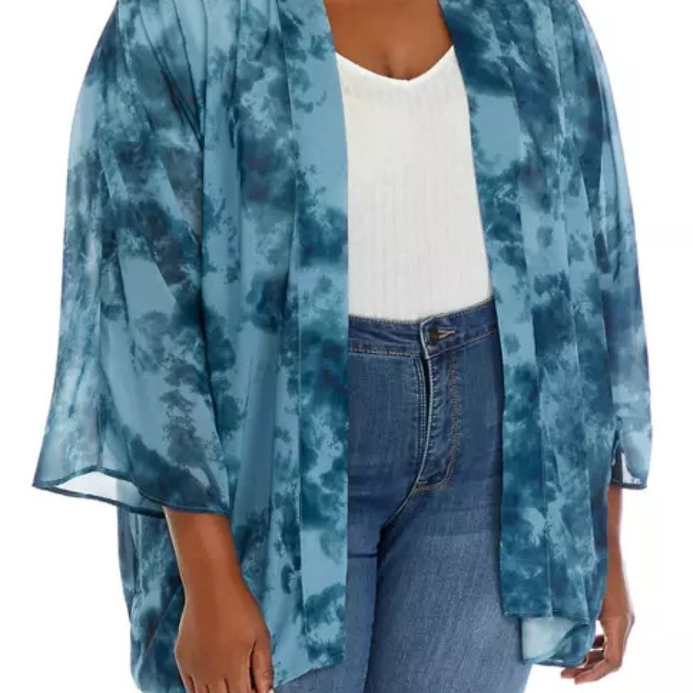 Wonderly Plus Size Long Sleeve Floral Lace Trim Kimono